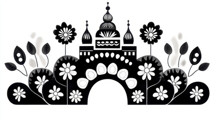 Black And White Castle Archway Design With Decorative Flowers
