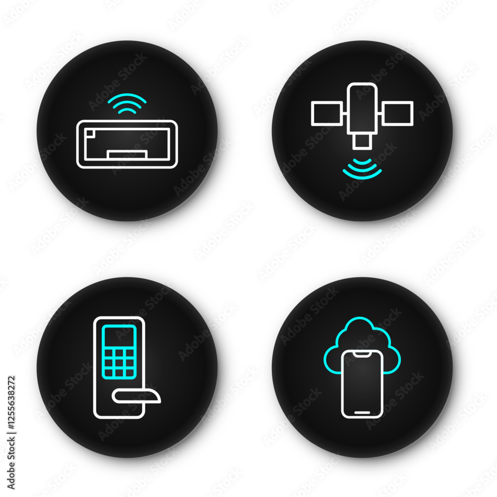 Poster set line cloud technology data, digital door lock, satellite and computer keyboard icon. vector