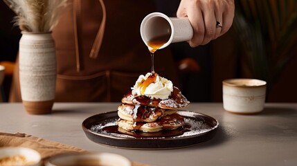 fluffy pancakes topped with melting butter and drizzled with maple syrup