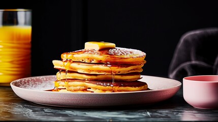 fluffy pancakes topped with melting butter and drizzled with maple syrup