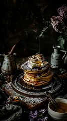 fluffy pancakes topped with melting butter and drizzled with maple syrup