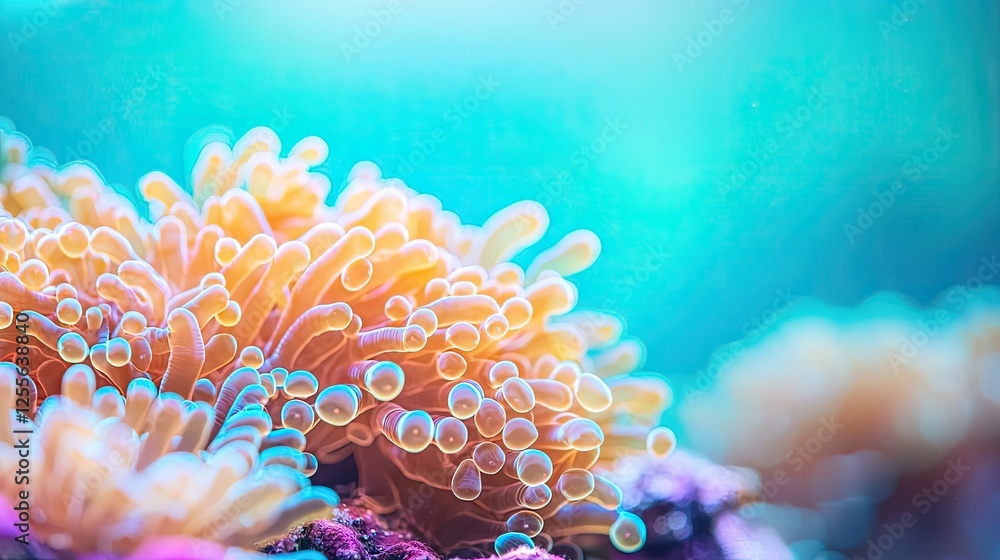 Poster Coral reefs microscopic concept. Vibrant coral reef with soft textures and colorful patterns in serene underwater setting.