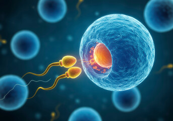 3D Illustration of Human Egg Cell Being Fertilized by Sperm, Beginning of Life Concept