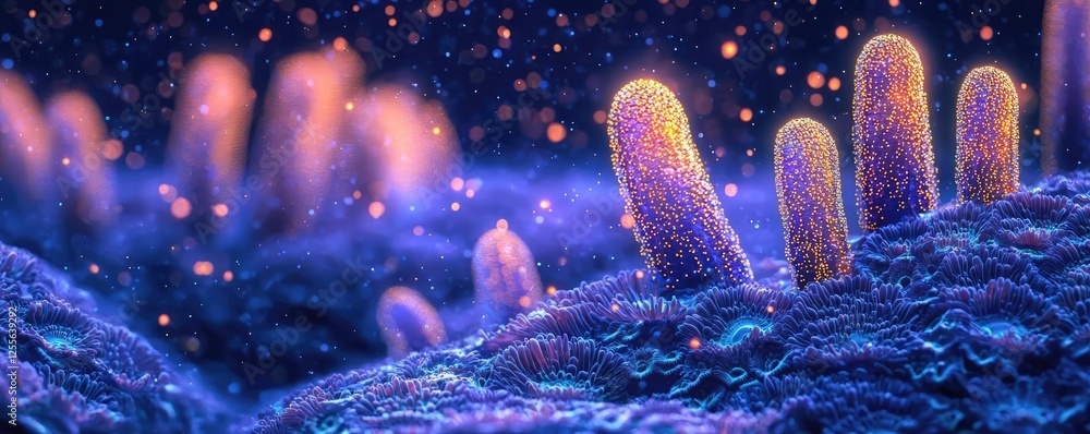 Poster coral reefs microscopic concept. vibrant, microscopic view of bacteria showcasing colorful cellular 