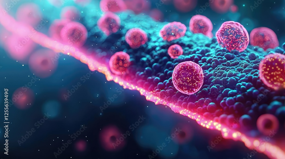 Poster Marine life microscopic idea. Colorful abstract representation of cells and microorganisms in a vivid environment.