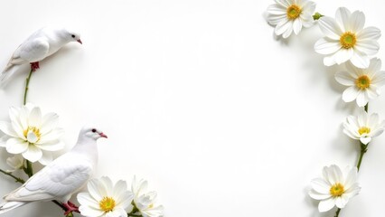 postcard frame with daisies and doves on a white background and an empty text space in the middle
