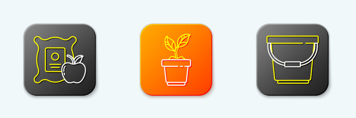 Set line Apple in the sack, Plant pot and Bucket icon. Vector