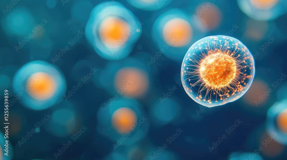 Poster Marine life microscopic idea. Close-up view of a colorful cell floating in vibrant microscopic environment.
