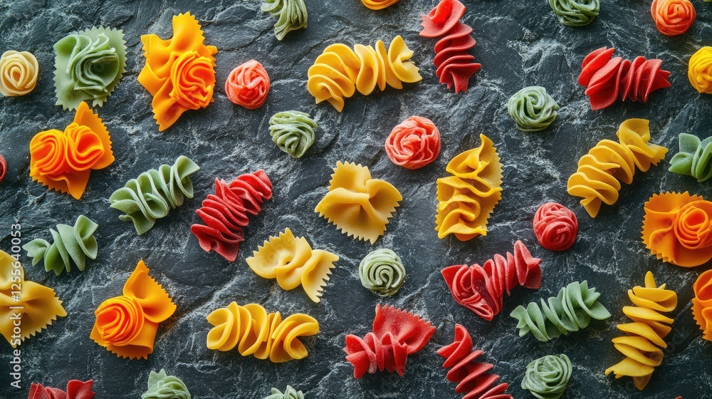 Poster An assortment of colorful pasta varieties placed on a stone surface, creating a textured and appetizing food composition