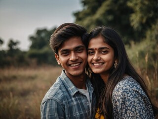 Obraz premium Happy Couple Embracing Joy in Nature with Beautiful Smiles and Candid Laughter