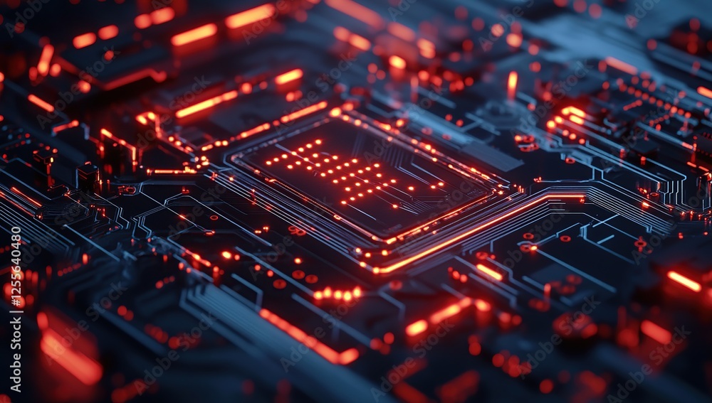Poster exploring futuristic circuit boards: glowing red traces illuminate complex technology design with in