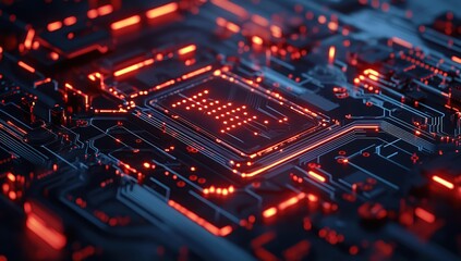 Obraz premium Exploring Futuristic Circuit Boards: Glowing Red Traces Illuminate Complex Technology Design with Intricate Pathways. Advanced Digital Microchip Architecture.