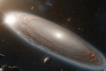 Spiraling Galaxy with Bright Star and Cosmic Dust in Vast Space Environment