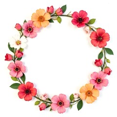A circular frame of flowers . Autumn pink flowers on a white background