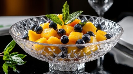 A vibrant fruit salad with mango, pineapple, and blueberries, served in a crystal bowl with a mint garnish for freshness