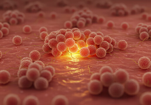Detailed Visualization of Staphylococcus aureus on Human Skin Surface, Medical Concept