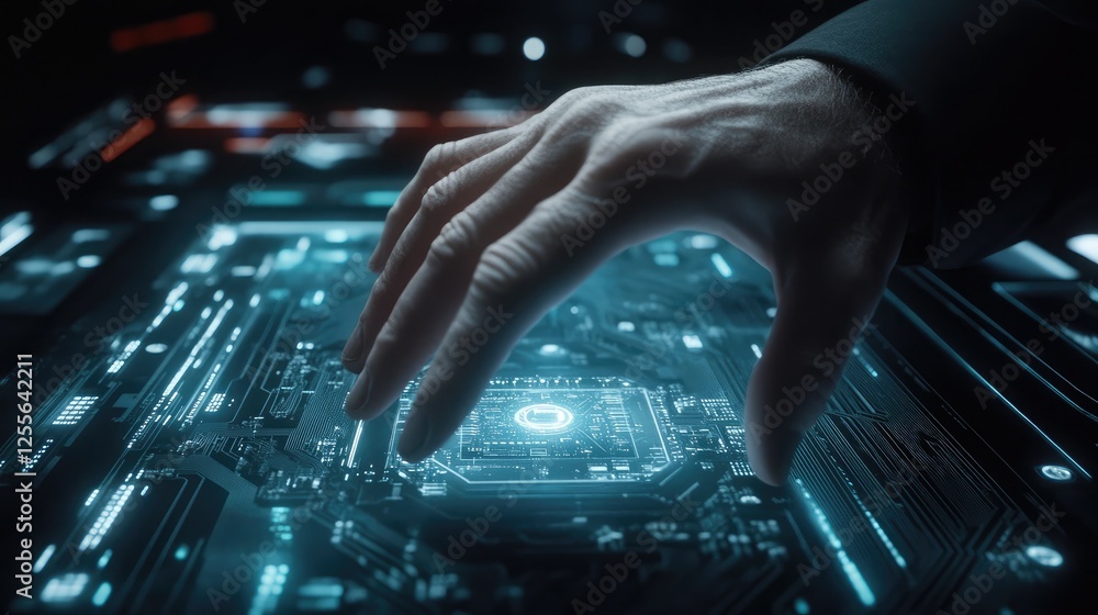 Poster a close-up of a hand assembling a circuit board, symbolizing hardware development in a tech startup