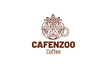 CAFENZOO Logo Cup of Coffee With Beans and Leaves Line Art Unique Vector Art