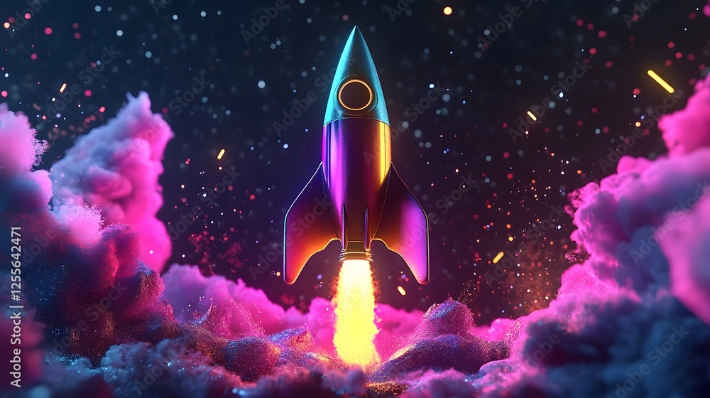 Poster vibrant neon rocket with multi-colored glowing patterns, showcasing futuristic design and space expl