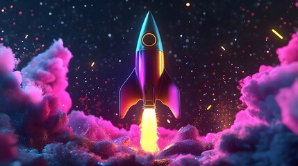 Fototapeta premium Vibrant neon rocket with multi-colored glowing patterns, showcasing futuristic design and space exploration themes
