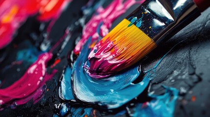 Fototapeta premium Bright and colorful paint dripping from a brush onto a glossy black surface, creating a dramatic splash of color in a dynamic artistic scene