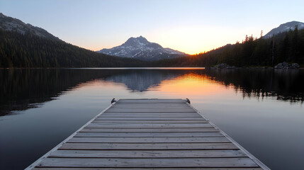 Fototapeta premium Serene sunset over mountain lake, dock view. Peaceful landscape for travel brochures