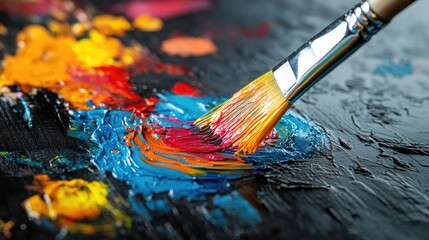 Obraz premium Bright and colorful paint dripping from a brush onto a glossy black surface, creating a dramatic splash of color in a dynamic artistic scene