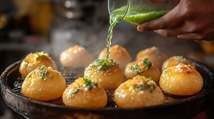 A bustling Indian street vendor preparing crispy pani puri, hands skillfully filling golden puris with spicy potato stuffing, vibrant green mint water being poured into them,