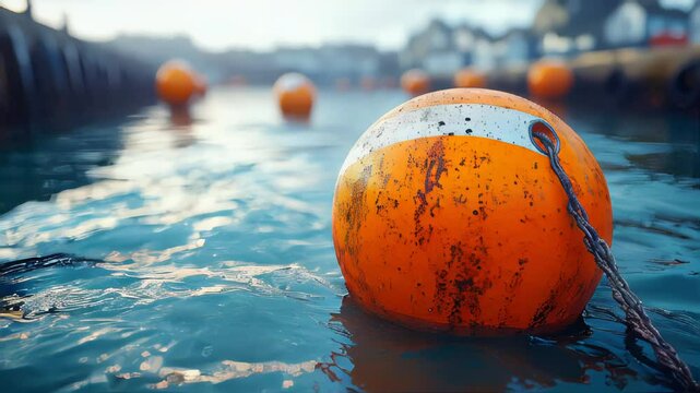 A close-up of a weathered orange fishing buoy floating on calm water with reflections and a moody backdrop