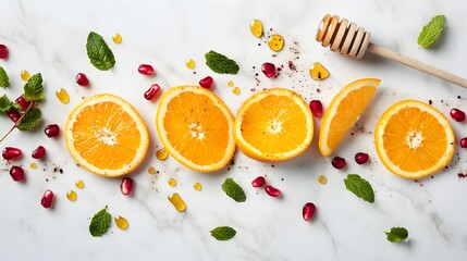 A visually appealing composition of fresh orange slices and mint leaves, showcasing a refreshing and healthy snack or garnish