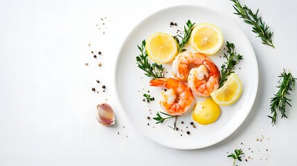 A visually appealing composition of fresh shrimp garnished with herbs and lemon, showcasing a delicious and elegant seafood dish