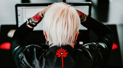 Woman with Blonde Hair and Tattoos Stressed at a Laptop in a Modern Office Environment
