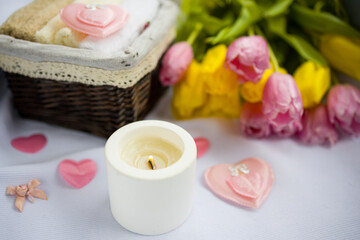 A bouquet of tulips with a cup of coffee on a white background. Valentine's Day Greeting card, Valentine