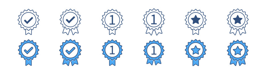 Approval check medal icon set. Symbol collection of approved, certified, qualified, the best, check mark. Vector premium product certified or best choice recommended award