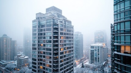 Obraz premium Snowy city skyline, high-rise buildings, winter storm