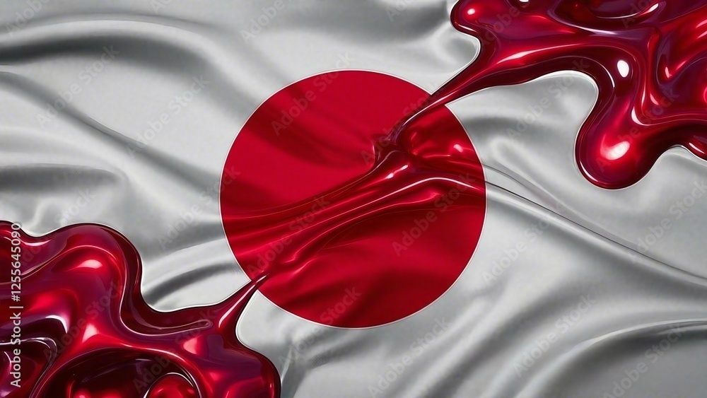 Poster japanese flag with elegant red and white abstract design with flowing satin curves and artistic desi