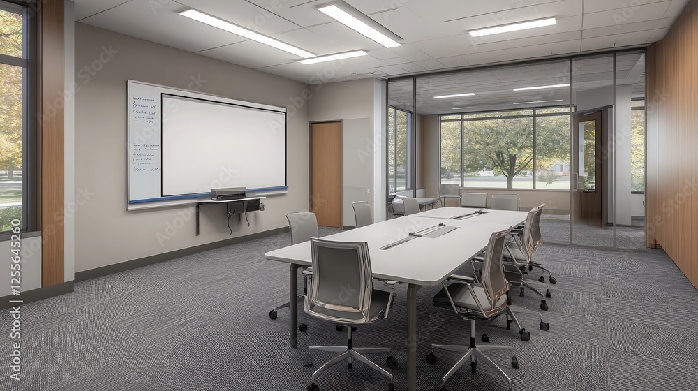 Poster a conference room with breakout session areas, equipped with flip charts and markers
