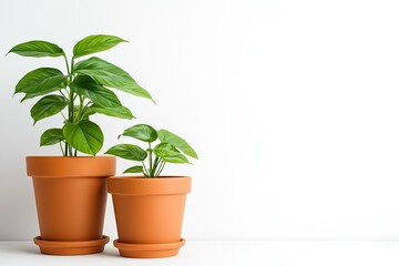 Fototapeta premium Two potted Philodendron plants of varying sizes in terracotta pots against a white background.