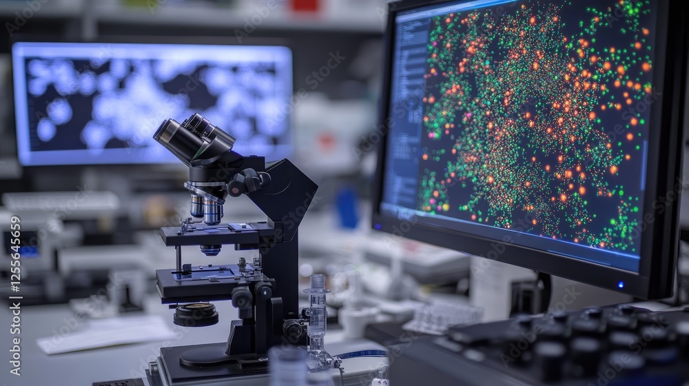 Poster Close-up of a microscope focused on nanotech samples, with digital monitors showing complex molecular structures in a high-tech lab environment