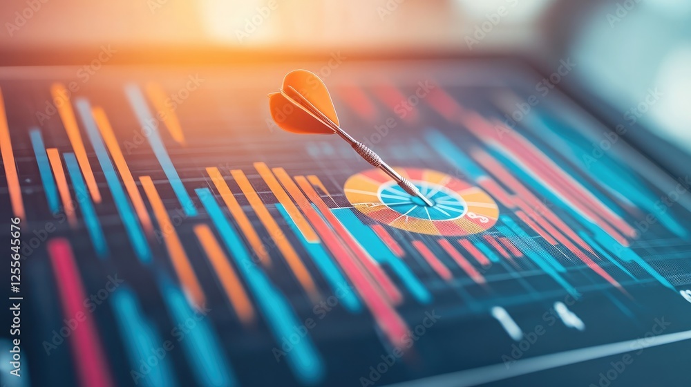Poster a dartboard with a dart hitting the bullseye, surrounded by financial charts, representing precision