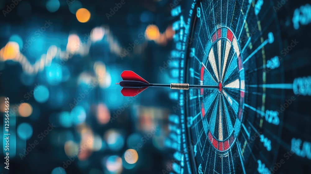 Poster a dartboard with a dart hitting the bullseye, surrounded by financial charts, representing precision