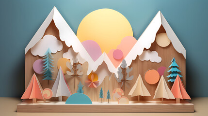 Obraz premium Papercraft mountain scene sunset; idyllic winter landscape; craft project; holiday card design