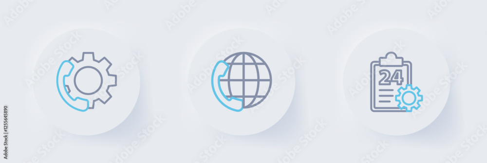 Poster set line checklist with 24 hours service, telephone support and icon. vector