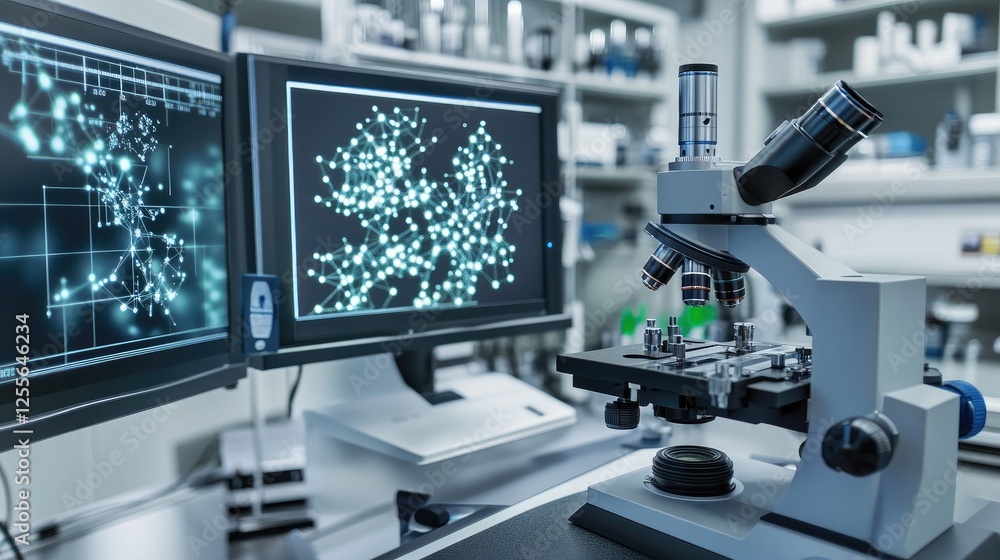 Aufkleber Close-up of a microscope focused on nanotech samples, with digital monitors showing complex molecular structures in a high-tech lab environment