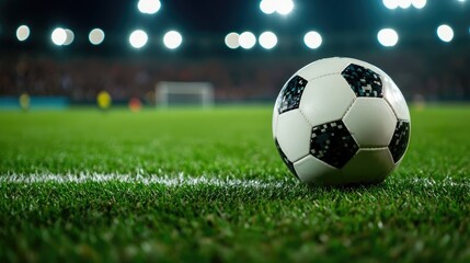 Fototapeta premium Closeup soccer ball on grass of football field at crowded stadium with spotlights at evening time