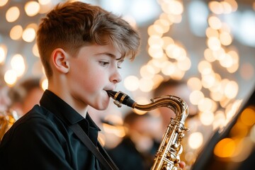 A students practicing music in a secondary school band room, playing various instruments