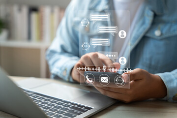 CONTACT US, AI chatbot conversation assistant, Person using online customer service with AI chatbot...