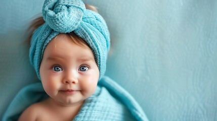 A baby with big blue eyes, wrapped in a blue towel, looking at the camera.