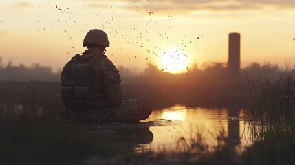 Fototapeta premium Soldier reflects in solitude battleground emotional scene warzone introspective viewpoint contemplation of sacrifice and duty