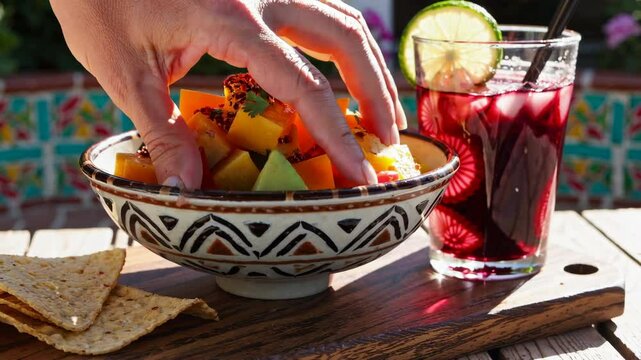 Fresh mango salsa served in a handcrafted ceramic bowl with a refreshing hibiscus drink and tortilla chips on a wooden board

